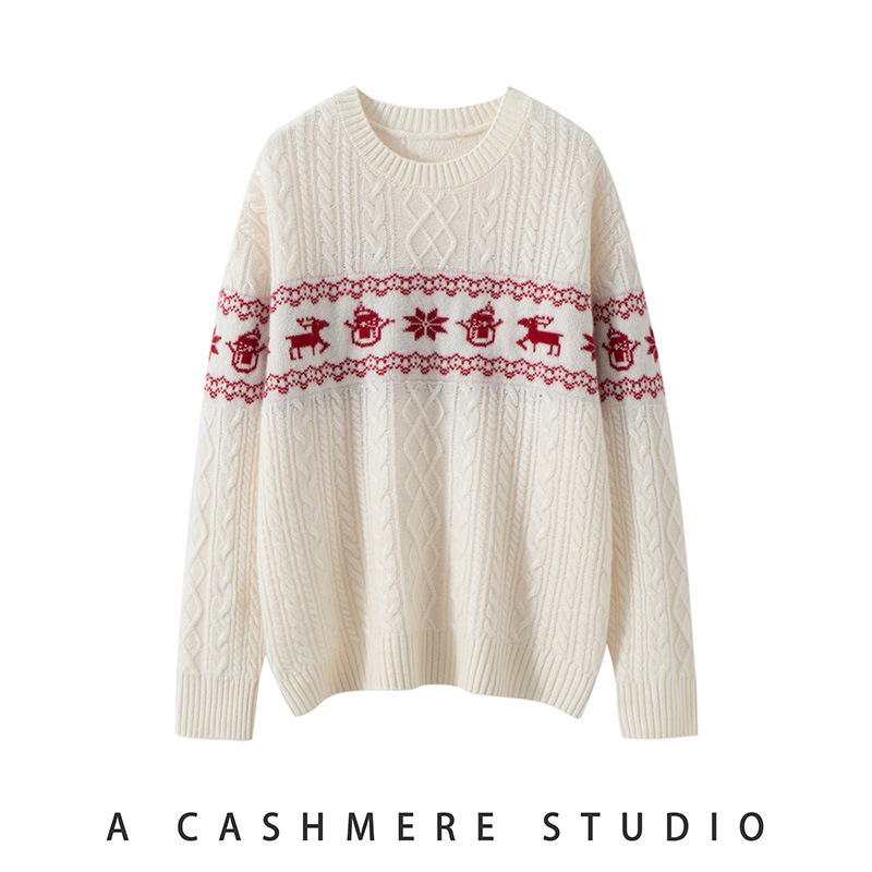 Christmas Atmosphere Cashmere Autumn and Winter Round Neck Deer Jacquard Knitwear Women's Loose Thickeneded Knitwear Bottoming Shirt