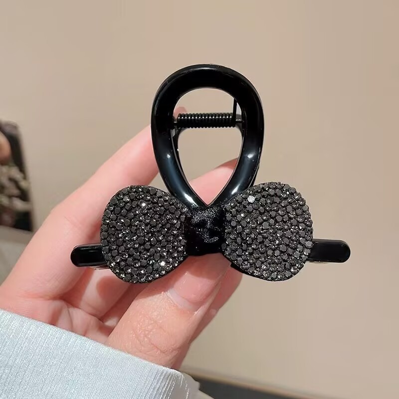 Advanced Satin Satin Big Black Bowknot Clip de tiburón Tocado Diamante cuadrado Horquilla en la parte posterior de la cabeza Clip de agarre Horquilla femenina