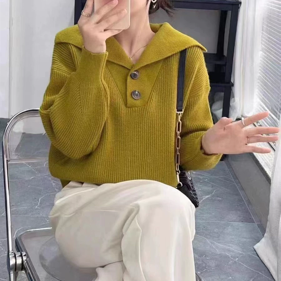 Свободный свитер в Корейском стиле 2023 осень и зима Новый пуловер с большими лацканами в простом стиле для женщин