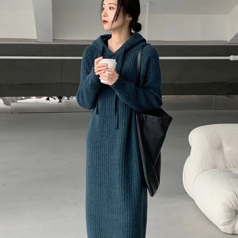 Cross-Border Export Mid-Length Over-The-Knee Thickeneded Knitted Dress 2025 Autumn and Winter New Korean Style Hooded Sweater for Women