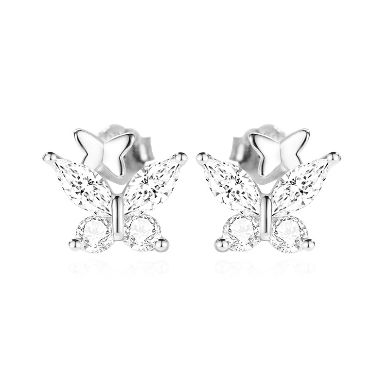 Los nuevos y elegantes pendientes de mariposa doble de diamantes flash plateados S925 lindos y dulces, pequeños y exquisitos pendientes de primavera y verano todos los días todo-fósforo