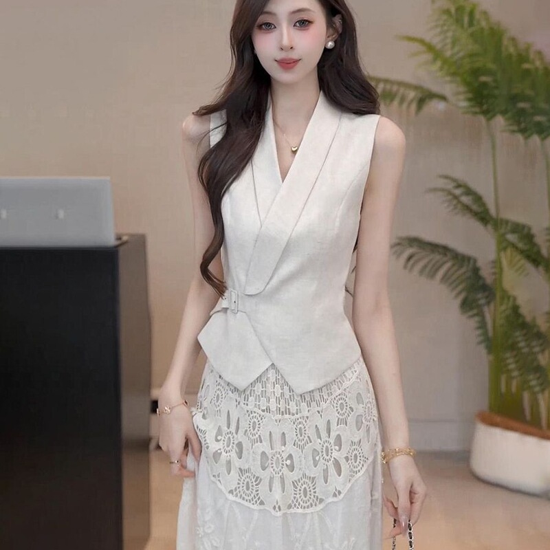 2026 Summer New Style Gentle Lace Long Dress Paired with a Sleeveless Blazer Vest Slimming Top Two-Piece Set 2026 Summer New Style Gentle Lace Long Dress Paired with a Sleeveless Blazer Vest Slimming Top Two-Piece Set