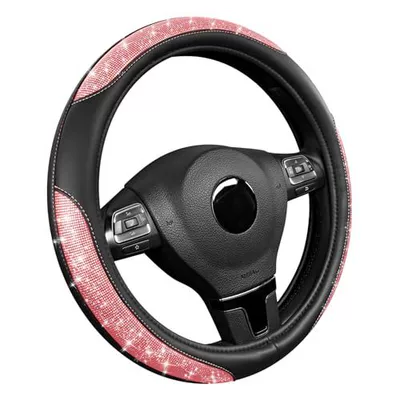 15inch Leather steering wheel cover with diamond inlay, fully enclosed, snug fit, non-slip, wear-resistant car steering wheel protector (Steering wheel cover) - shimmering-pink-38cm