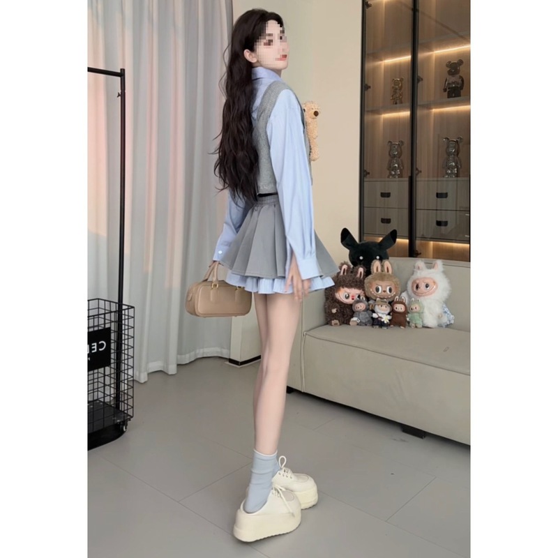 韩版学院风蓝色长袖衬衫灰色背心马甲拼接显瘦半身裙两件套套装女|undefined