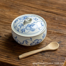 日本进口美浓烧青花唐草茶碗日式蒸蛋碗一人份炖盅带盖汤盅隔水蒸