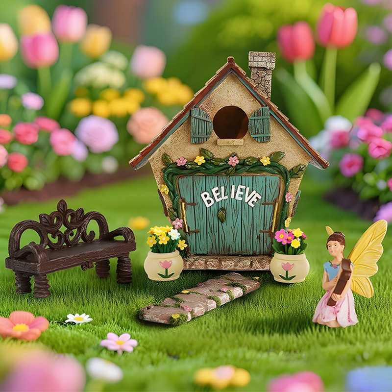   Flower House Set Resin Ornaments Micro Landscape Butterfly Girl House Courtyard Garden Landscaping Decoration