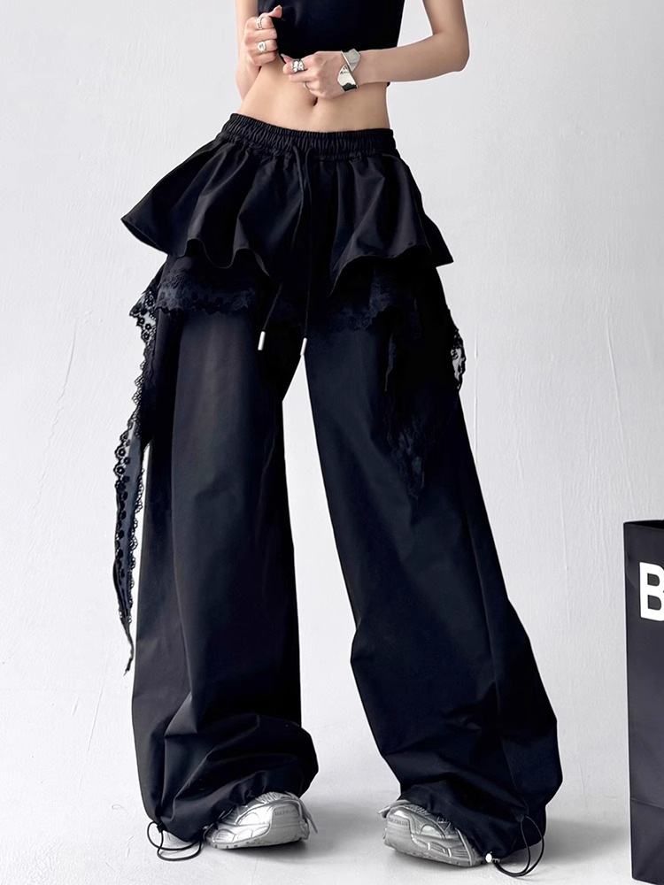 女装夏季叠穿裙摆设工装休闲裤女2025新款小众拼接蕾丝层次长裤子