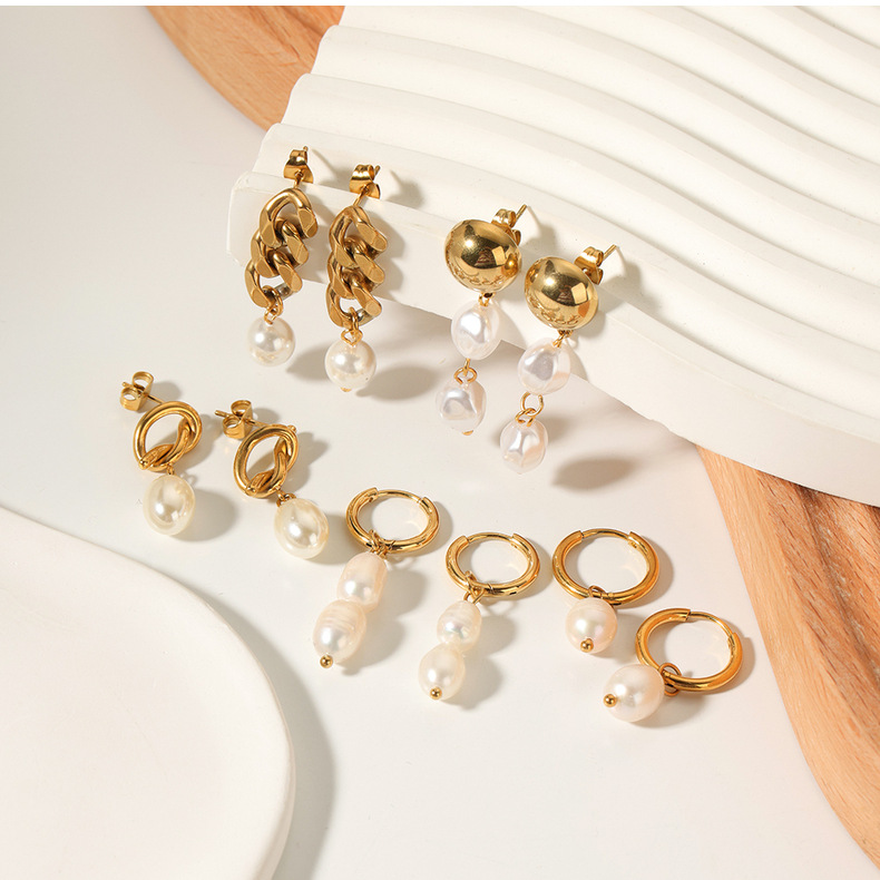 18K Real Gold Plated, Real Gold Plated Plating Material Artificial Pearls, Freshwater Pearl Inlay Material Drop Earrings Classification PVD Coated 18K Gold Real Gold Plated Round 304 Stainless Steel Simple Style Waterproof Non Tarnish Drop Earrings