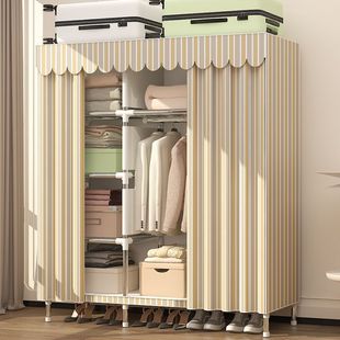 Simple Fabric Wardrobe with Thickened Reinforced Steel Pipes, Large Double Shelf Wardrobe Storage Rack, Direct from Factory Wholesale