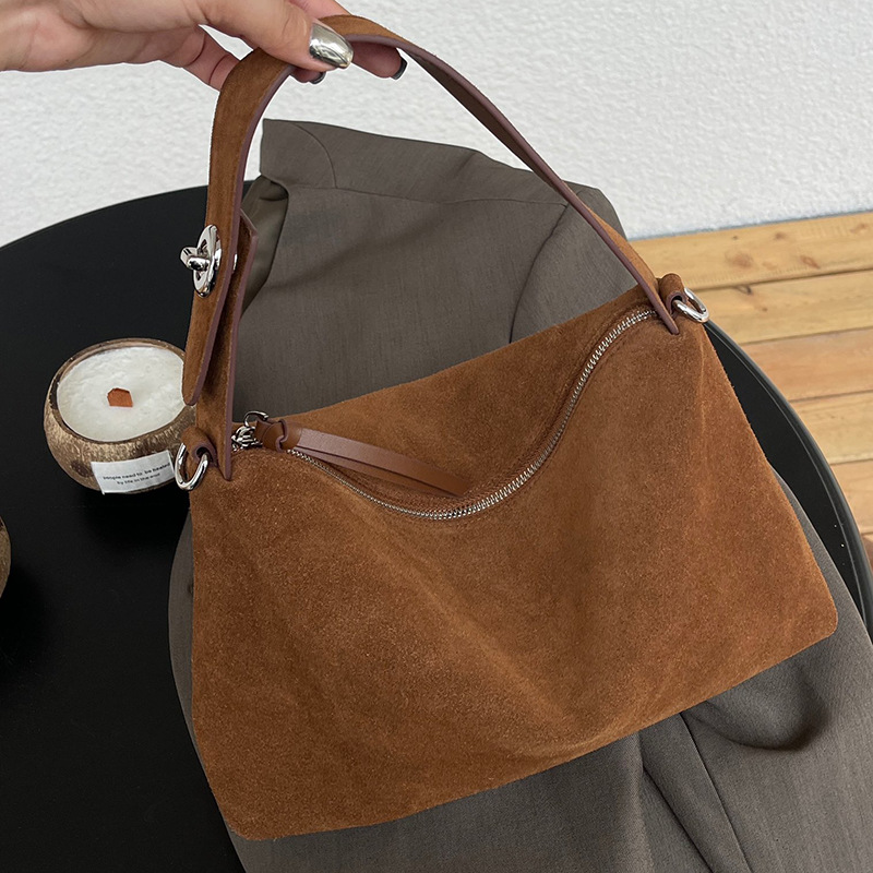 Women's New Niche Suede Baguette Shoulder Bag Retro Matte Top Grain Cowhide Handbag Trendy Bag - Thumbnail 5