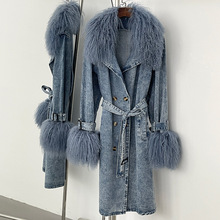 25新款亚马逊爆设计感真滩羊毛大毛领长款收腰系带牛仔风衣外套女