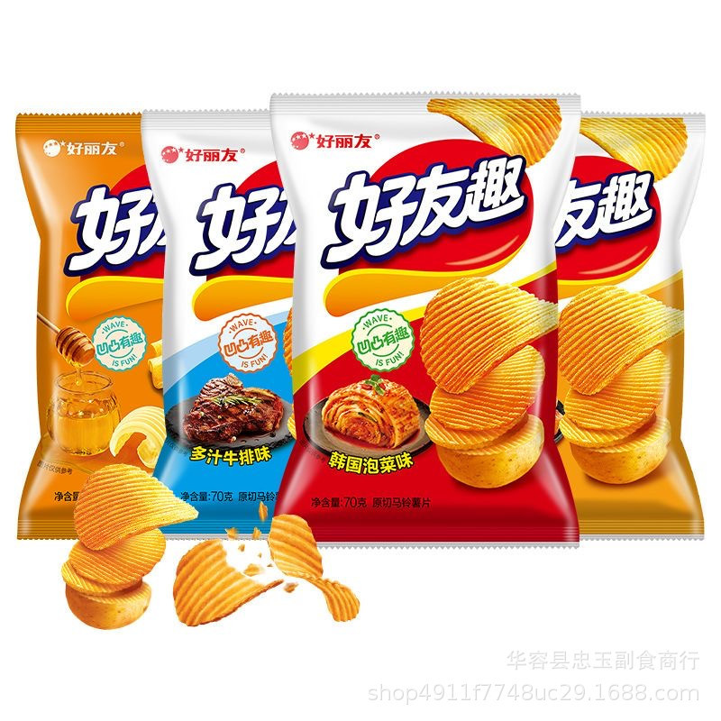 Haoliyou haoxiu potato chips 70g * 20 bags South Korea kimchi succulent steak Caribbean roasted wings honey butter flavor Haoliyou haoxiu potato chips 70g * 20 bags South Korea kimchi succulent steak Caribbean roasted wings honey butter flavor