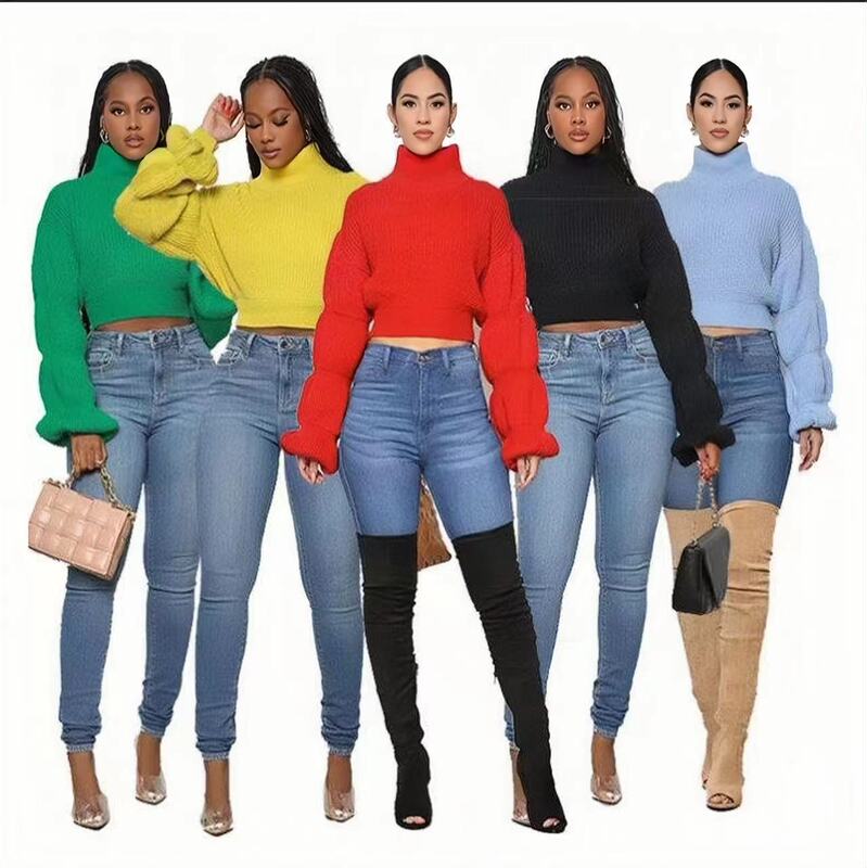 European and American New Spice Girls Loose Outer Wear Wholesale Solid Color Short Top Autumn and Winter High Collar Puff Sleeve Knitted Sweater for Women