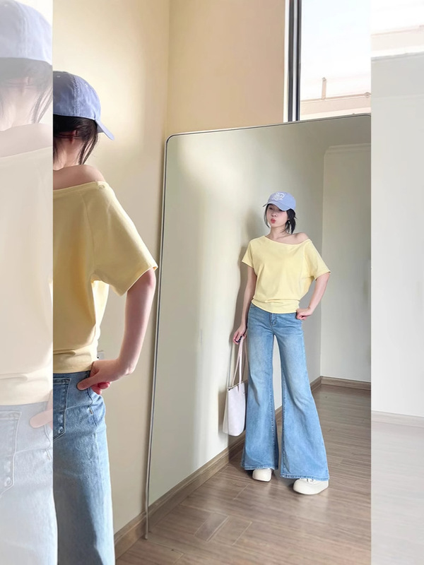 ゆったりとしたデザインのオフショルダートップ、ワンショルダー夏新作半袖Tシャツ、女性ニッチ斜め肩甘いホットガール夏痩身|undefined