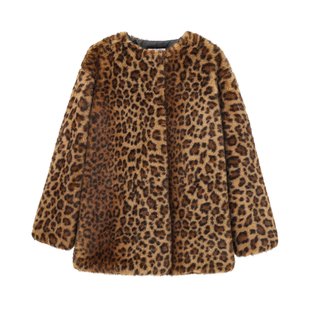 Fashionable Round Neck Animal Print Winter Faux Fur Coat Coat 2024 European and American Style Distinctive Leopard Print Mid-length Coat