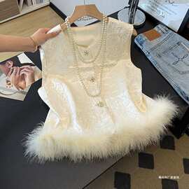 复古国风洋马甲女秋季重工提花外搭夹棉无袖背心鸵鸟毛新中式马夹