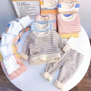 Foreign trade children's clothing warm clothing set baby autumn and winter high waist children's western style striped boy pajamas plus velvet wholesale