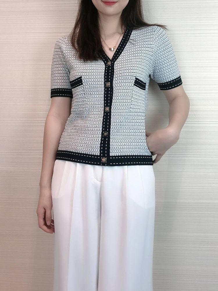 Áo cardigan nữ cổ chữ V tay ngắn dệt kim phong cách tiểu thư — Màu xám