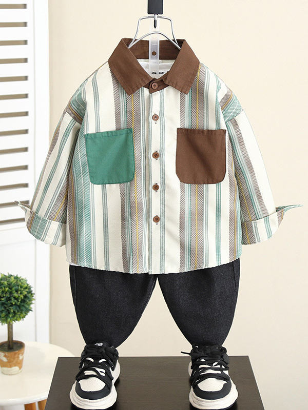 5827 chaqueta de camisa para niños primavera y otoño 2025 nuevo bebé otoño versión coreana camisa de manga larga para niños blusa a rayas