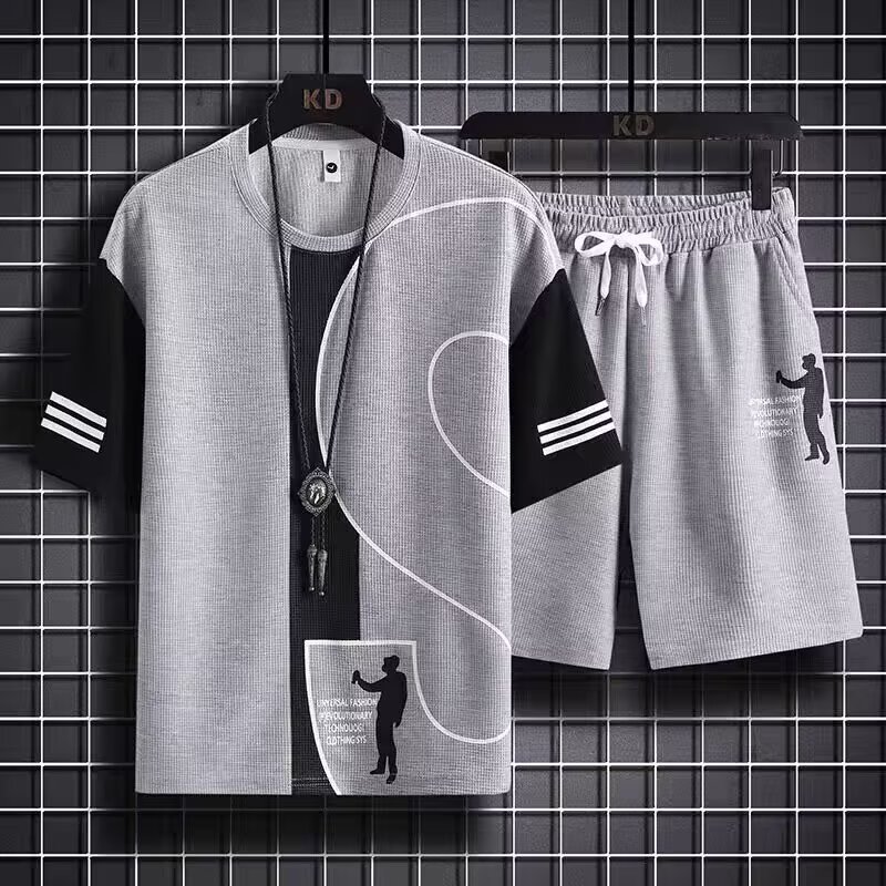 Summer Men's Waffle Two-Piece Set Trendy Fashion Loose Short Sleeve T-Shirt And Shorts Versatile Sports Casual Suit_viptrois.com