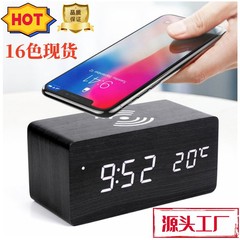ワイヤレス充電LED時計、クリエイティブな電子充電式木製目覚まし時計、音声制御温度計、充電式木製時計、永久カレンダー