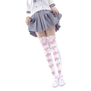 Printed Silk Stockings Thin Women's Spring and Autumn Japanese Style Lolita Cute Animation Over-the-Knee Long White Velvet Socks