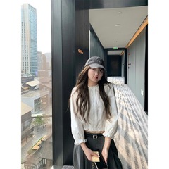 跨境DouDou痘 法式白色七分袖衬衫女5新花边刺绣小个子短衣香云纱