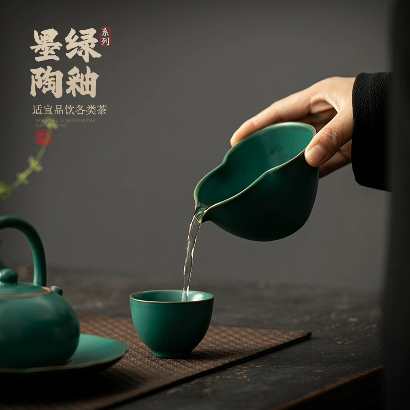 Retro green ceramic creative tea set for home use, tea cup