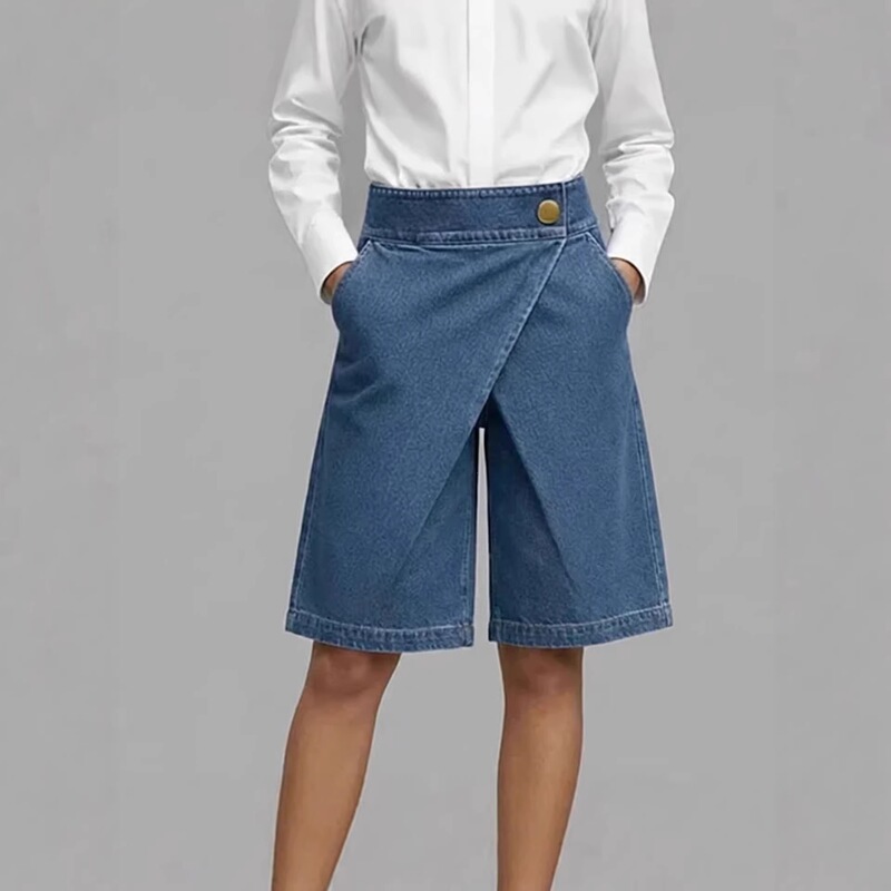 Amazon European and American Independent Site Women's New Denim Asymmetrical Fold-Over Straight-Leg Casual Pocket Five-Point Jeans