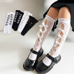 兒童襪子洛麗塔風格大小童直板無後跟愛心蝴蝶結款鏤空薄款中筒襪