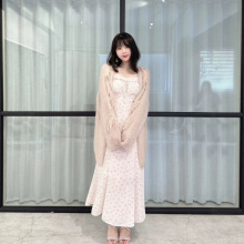 【亿百】绝美粉色碎花吊带连衣裙收腰长裙/高比例马海毛开衫24160