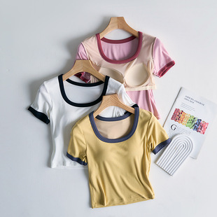 Short-sleeved T-shirt with chest pad 2025 new Korean style slimming contrast square U-neck half-sleeve women's summer hot girl casual bottoming