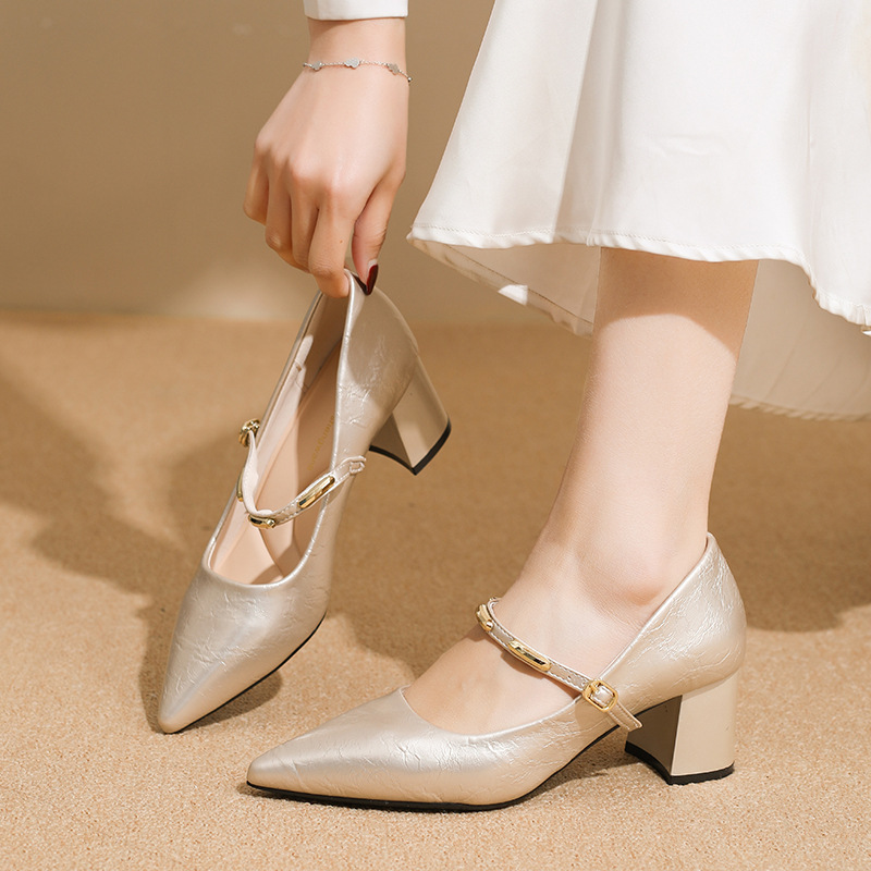 Korean-Style Exquisite Metal Buckle Mary Jane Shoes for Women, Versatile for Summer, Slip-On Shallow-Cut Chunky High Heels