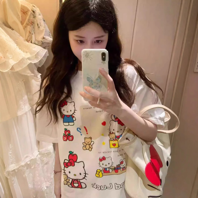 Hello Kitty Hello Kitty Pure Cotton Short-sleeved T-shirt Women's chubby girl Design Niche Loose Half-sleeved Top Trendy Brand