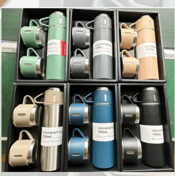 New Stainless Steel Vacuum Thermos Cup suit Large Capacity One Cup Three Cover Straight Cup Business Gift Cup
