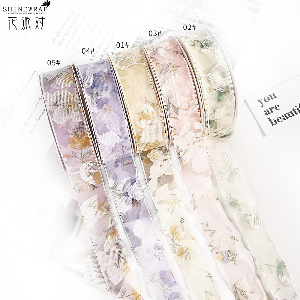 Fabricantes de fiestas de flores al por mayor nueva impresión de cinta 2.5CM envases de flores tiendas de flores regalo ramo de cinta