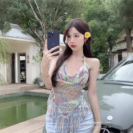 旅游度假i新款彩色吊带背心流苏沙滩泳衣比基尼挂脖系带胸垫上衣