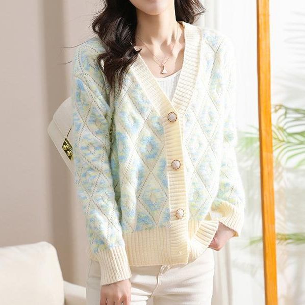 Estilo coreano 2023 primavera y otoño nuevo cuello en V punto cardigan mujeres sueltas estilo occidental estilo perezoso suéter exterior abrigo image 3
