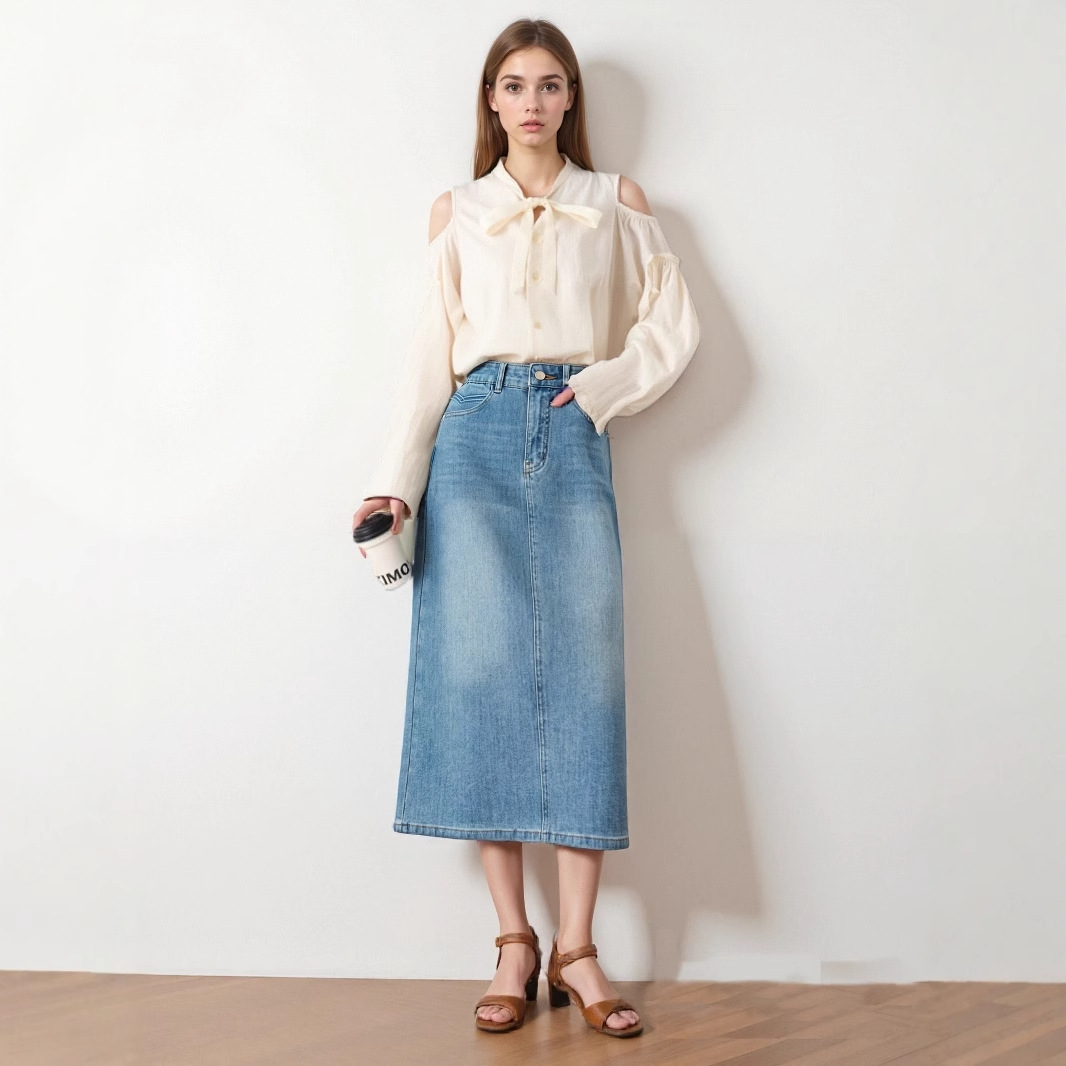 Lyocell + Four-Way Stretch Denim Skirt for Women, 2026 Spring New Style, Blue Back Slit Versatile A-Line Midi Skirt