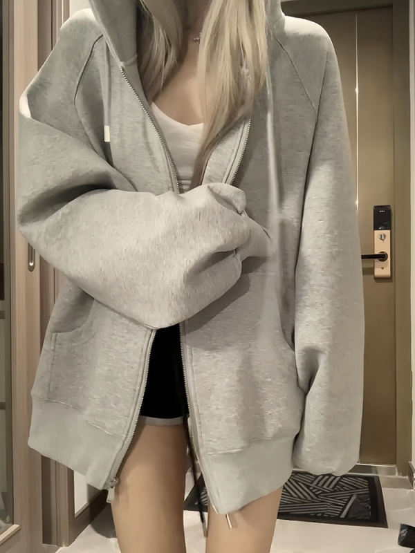 连帽卫衣外套女春秋季2025新款宽松遮肉显瘦浅灰色小个子运动开衫|undefined