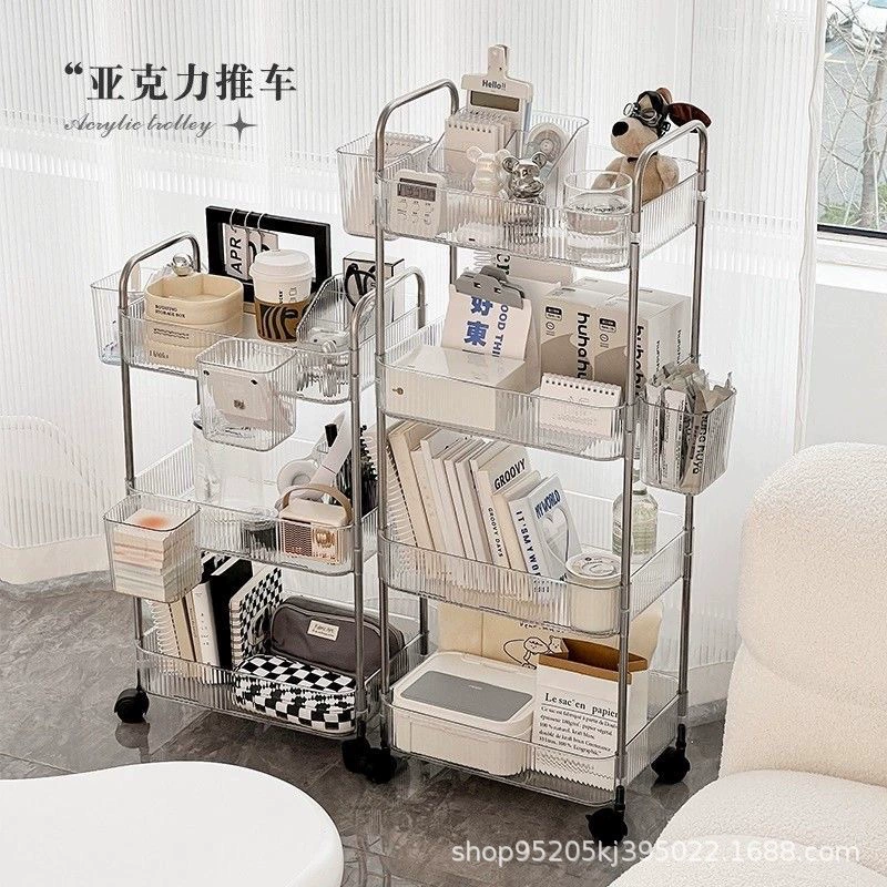 Прозрачная акриловая тележка-стеллаж для спальни, прикроватная полка для книг, подставка для хранения закусок, мобильная подставка для косметики в ванную комнату