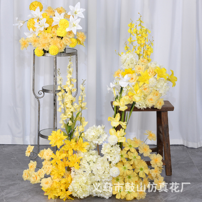 Yellow Wedding Theme Artificial Flowers Wedding Hall Flower Arrangement Rose Hydrangea Artificial Flowers Monet's Garden Window