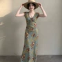 法式夏季印花v领长裙