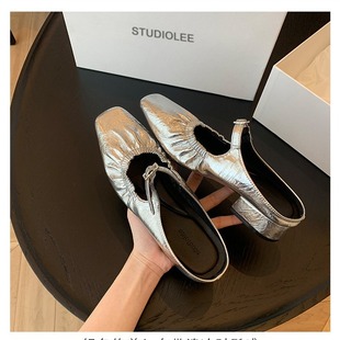 Silver French-Style Genuine Leather Women's Mules 2025 Summer New Model Mary Jane Shoes with Ruched Design, Open-Toe Slip-On Sandals