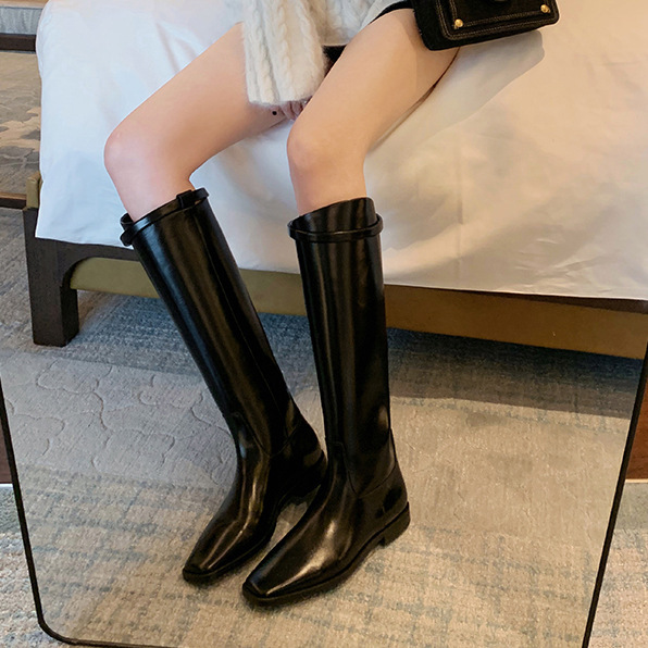 现货版~显瘦小方头真皮长筒靴女皮带扣平底长靴高筒骑士靴机车靴|undefined
