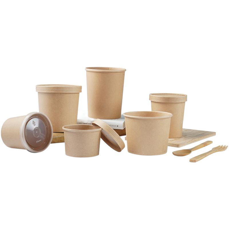 Disposable Kraft Paper Congee Barrel Paper Cup Takeaway Noodles Barrel Printing Soup Barrel with Lid Soup Cup Round Salad Pocket Box
