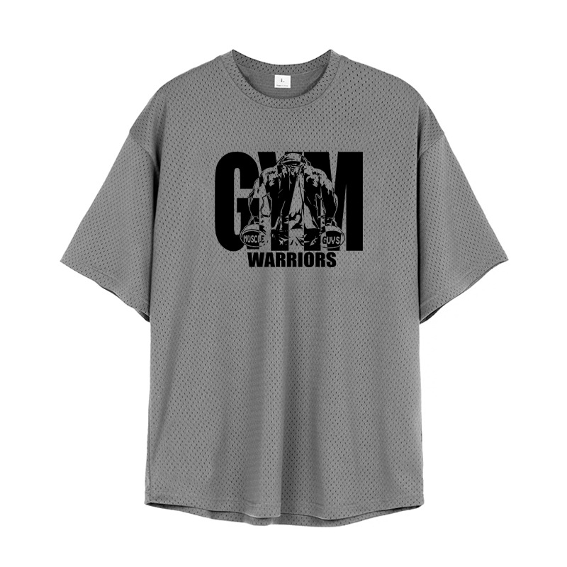 Europa y América Fitness culturismo muscular de los hombres gimnasio ropa deportiva verano malla transpirable camiseta más tamaño manga corta