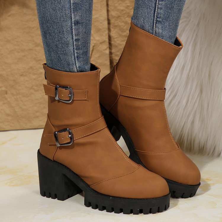 Big size thick heel boots women's autumn and winter fashion belt buckle explosive short boots cotton boots fashion boots_voghion.com