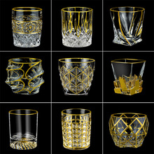 跨境创意手工描金线水晶玻璃威士忌杯 洋酒杯 家用水杯刻花果汁杯