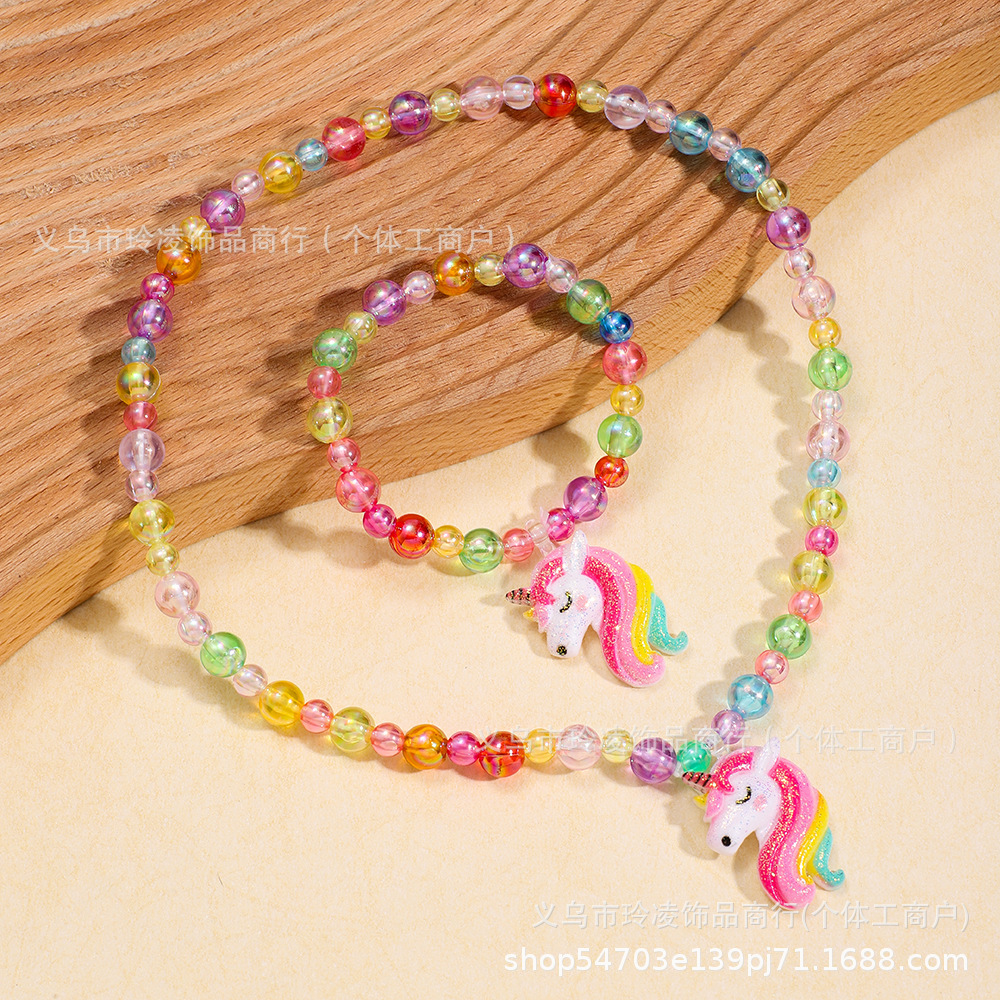 European and American Cross-border Unicorn Necklace Cartoon Color Unicorn Set Children's Jewelry Princess New Product Children's Necklace
